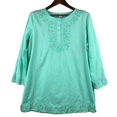 Boho Embroidered Sequin Cotton Tunic Top Womens L Aqua Festival Beach Peasant