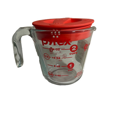 Pyrex Prepware 2 Cup Glass Measuring Cup with Lid Red Letters Made in USA