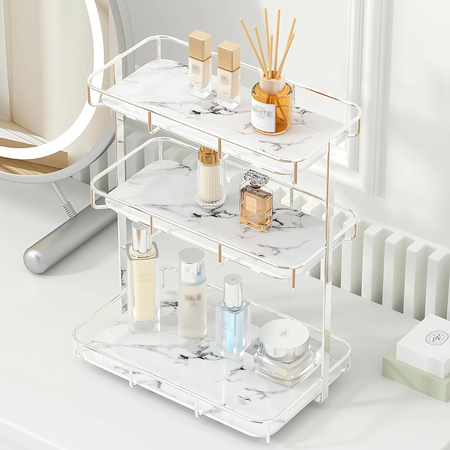 Chic Gold & White Marble Bathroom Organizer for Perfume & Makeup Storage