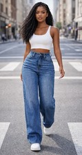 New Women  s High Waist Straight Leg Jeans Size L Blue Denim   No Brand