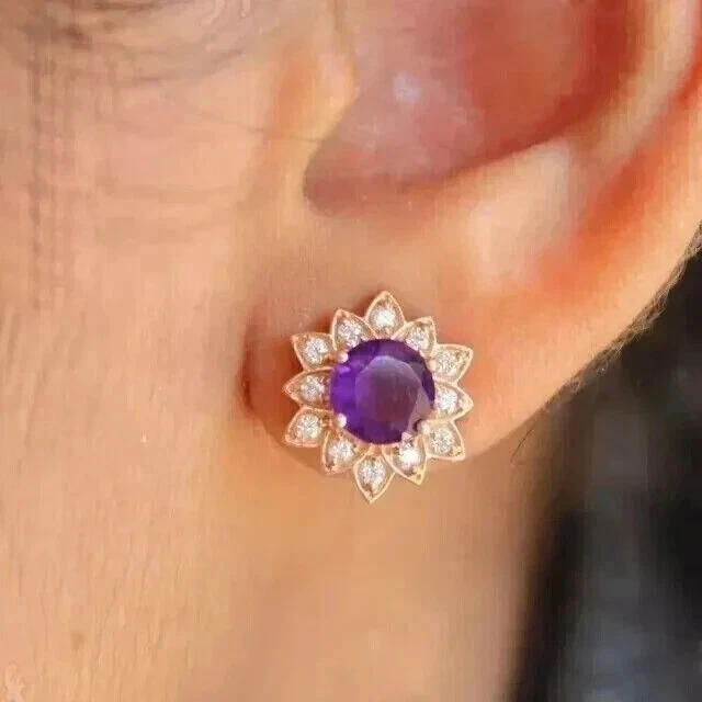 2.25 Ct Round Amethyst & Diamond Sunflower Stud Earrings in 14K Rose Gold Plated - Image 2 of 4