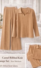 Beige Knit Collared Sweater  Wide-Leg Pants Set Women Long Sleeve Fall 2-Piece