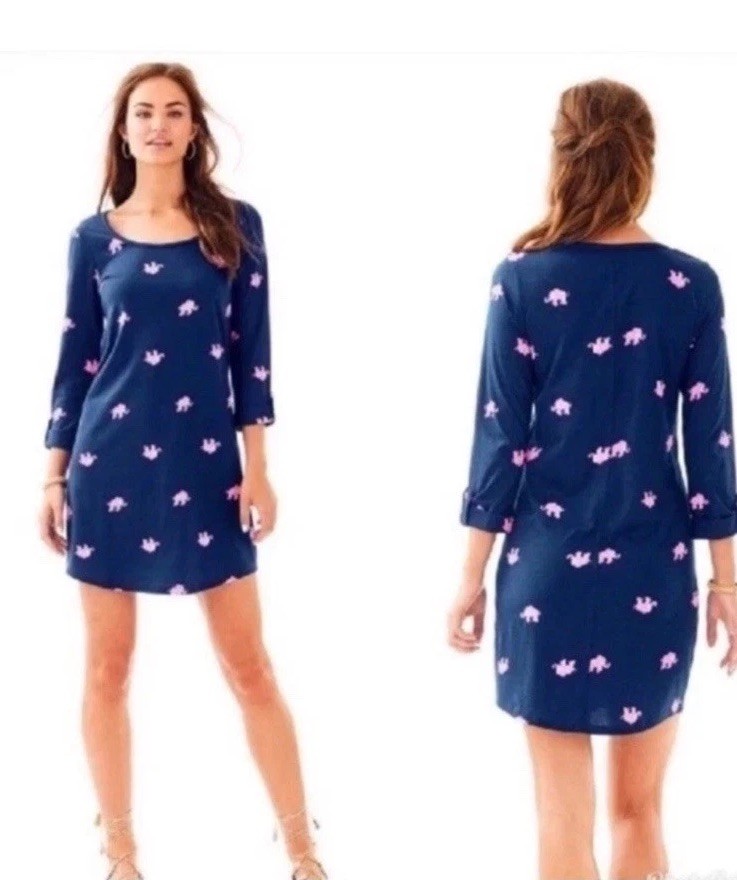 Lilly Pulitzer (M) Ocean Ridge Dress Blue Elephant 100% Pima Cotton