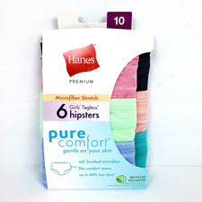 Hanes Premium Pure Comfort Girls Size 10 Cotton Tagless Hipsters Underwear 6 Pk