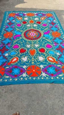 Teal Blue Suzani Embroidered Rug Handmade Floral Boho Area Carpet Vintage Indian
