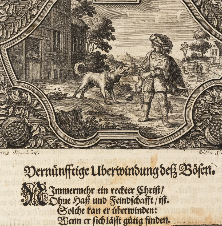 KÜSELL (*1626) nach STRAUCH (*1613), Emblem. Bändigen eines wilden Hundes, KSt. - Bild 4 von 4
