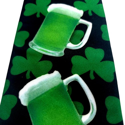 Ralph Marlin Polyester St. Patrick's Day Green Beer Print Shamrock Short Tie - Picture 2 of 7