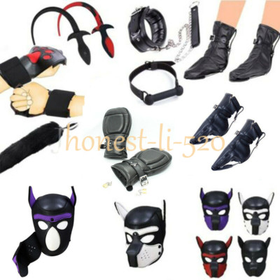 Puppy Play Dog Hood Mask Tail Stopper Hand Cuffs Mouth Gag Fist Mitts Shackle