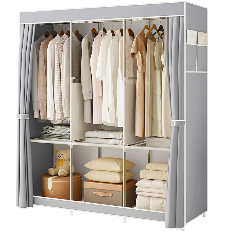 LARGE FABRIC CANVAS WARDROBE WITH HANGING SHELVING CLOTHES STORAGE