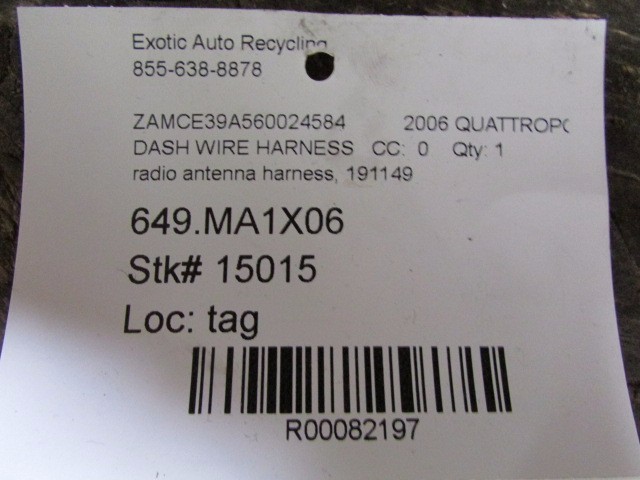 Maserati Quattroporte, Radio Antenna Wire Harness, Used, P/N 191149