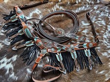 Headstall, Reins  Breastcollar Set - Painted Feathers and Copper Accents