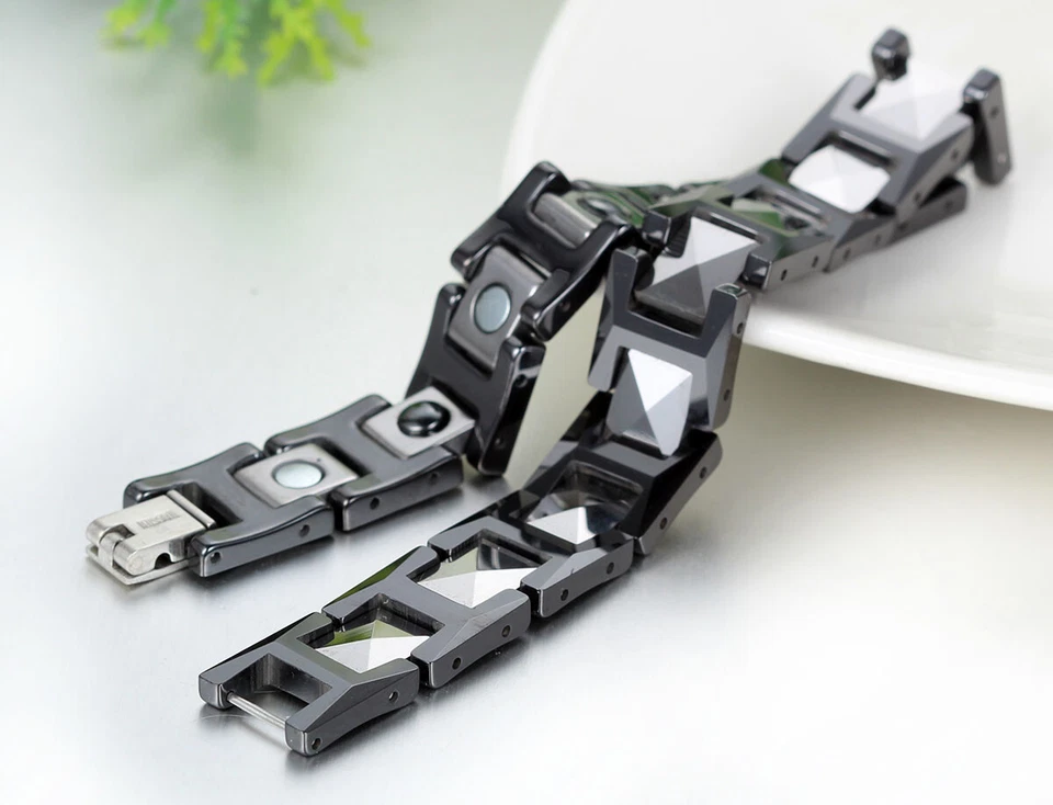 Mens 12MM White Ceramic Black Bracelet Magnetic Hematite Cuff 8.3" - Image 3 of 4