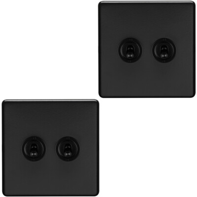 2er Pack 2 Gang Doppel Retro Kipp Lichtschalter SCHRAUBENLOS MATT SCHWARZ 10A 2-fach