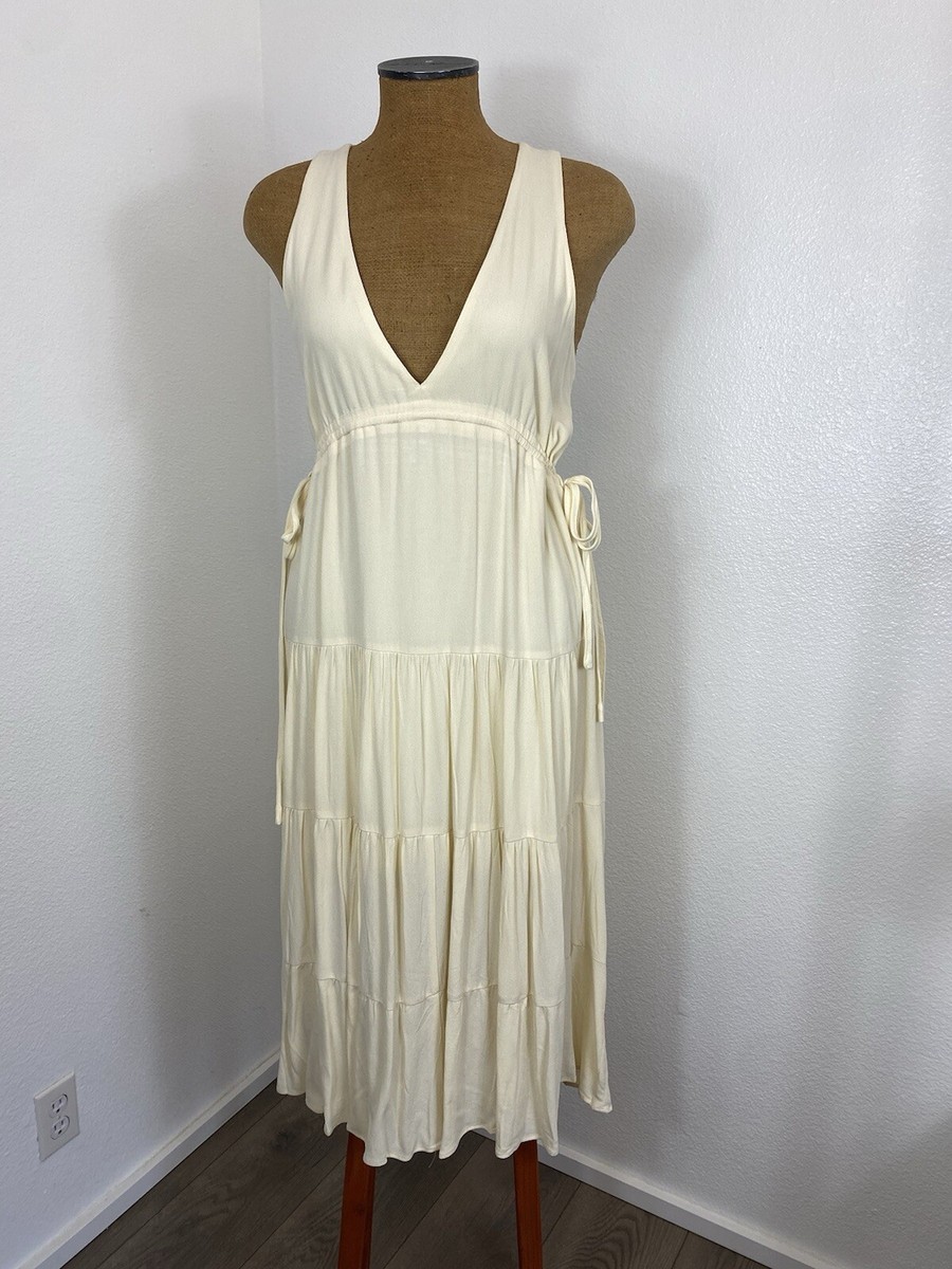 Forever 21 Womens S Plunging Tiered Side Tie Cream Dress Lined Spaghetti  Sun