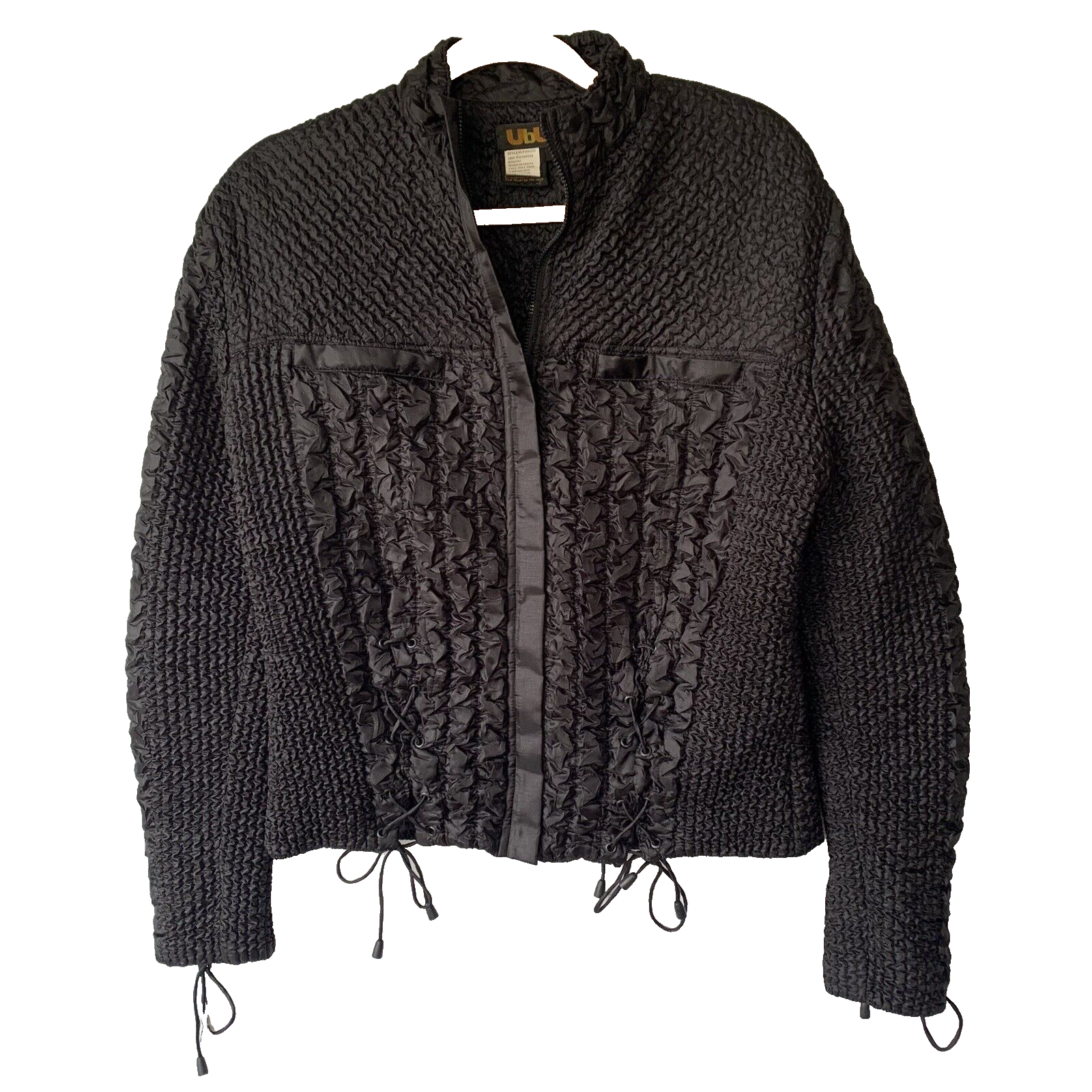 UbU Woman’s Black Light Weight Zip Up Tie Accents Texture Jacket Size Large