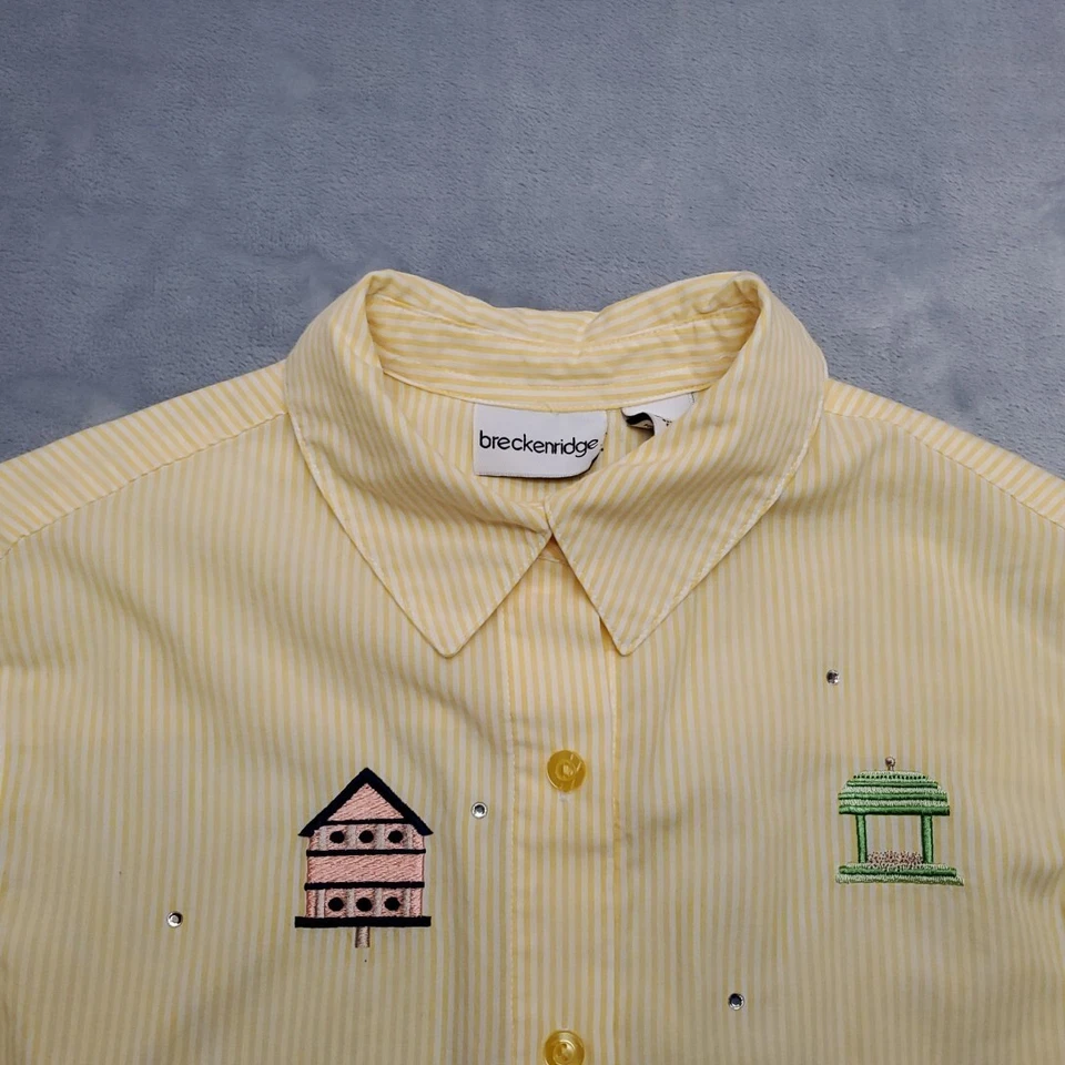 Camisa De Colección Breckenridge Para Mujer S Amarillo Rayas Bordada Pájaros Casas Casa Casa Foto 3 de 4