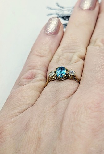Vintage Edwardian 18ct Gold Blue Topaz & Diamond 1.0ct Trilogy Ring Size P - Picture 13 of 24