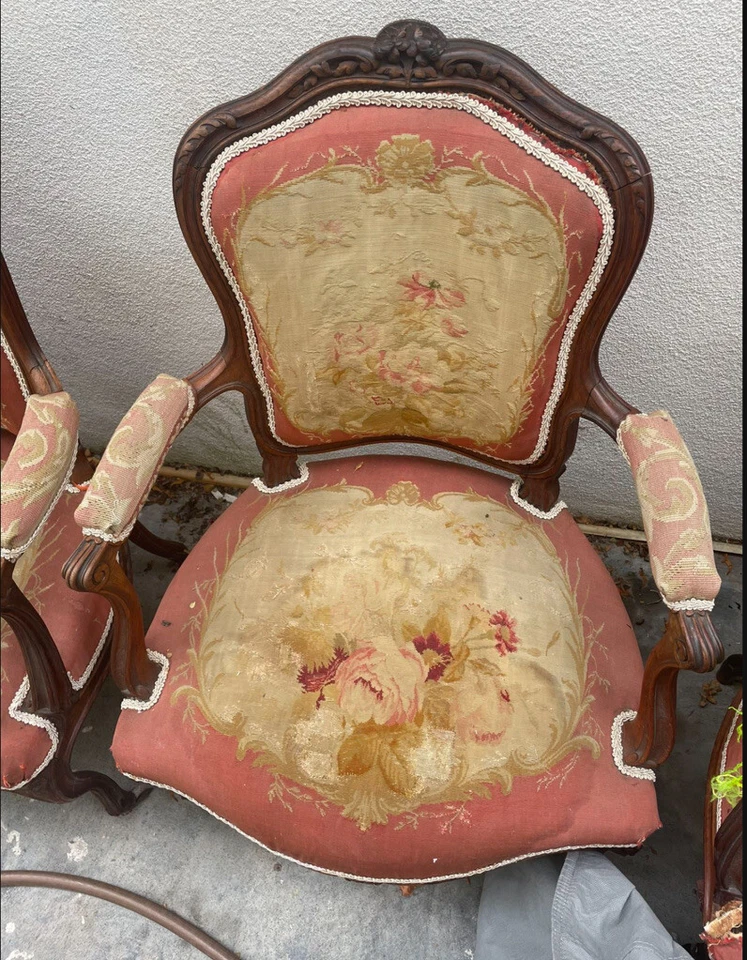 Antiguo sofá suite salón tapiz real Louis XV Aubusson defectos descoloridos 4 sillas Foto 2 de 4
