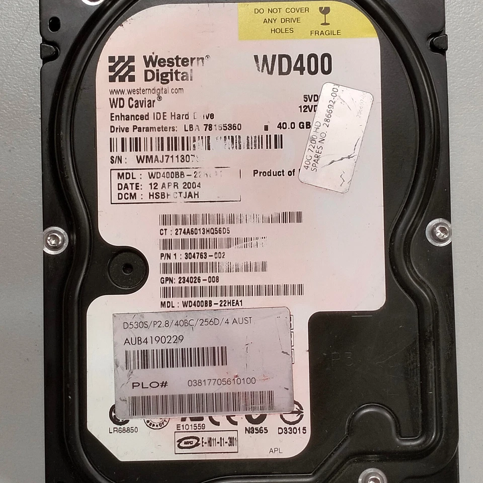 WD Caviar 40GB 3.5" IDE HDD ATA/100 7200RPM 2MB WD400BB-22HEA1 286692-001 - Image 2 of 4