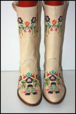  Mi Stiefel Reiter Leder beige bestickt Blumenmuster bunt Gr. 37 sehr guter Zustand