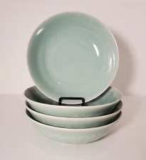4 Vintage Chinese Longquan Koi Fish Lotus Celadon Green Rice Bowls 6.5" Mint