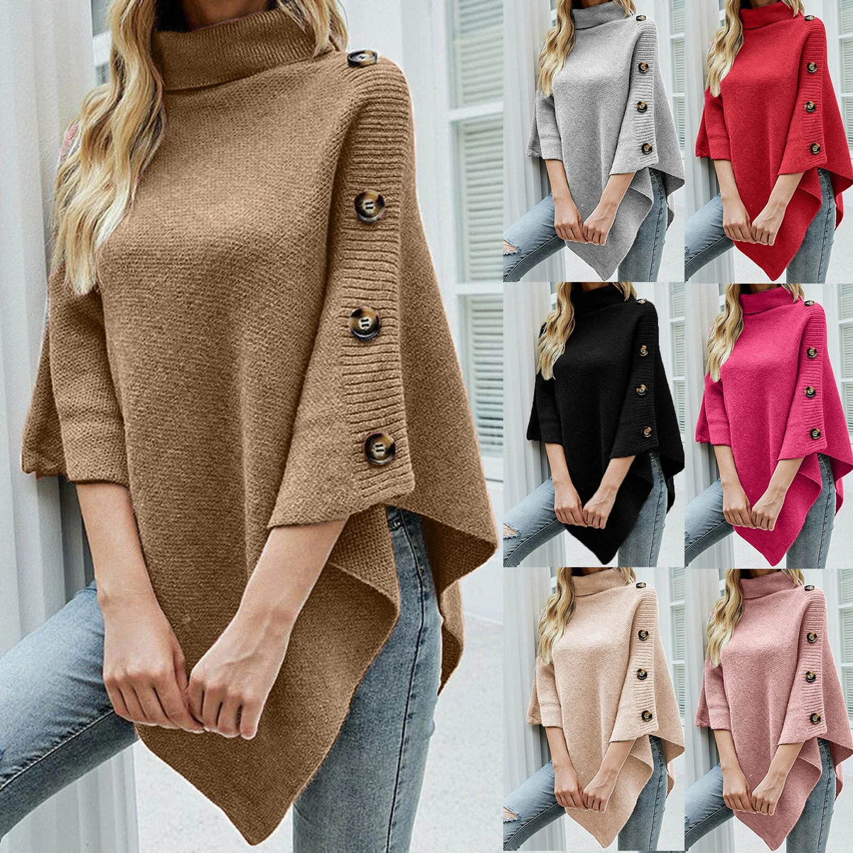 Girls Size 11 Women s Solid Color High Neck Sweater Cloak Sweater Shawl Coat