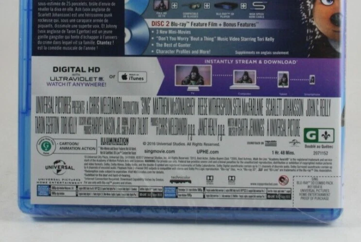 SING Bluray 3D + Bluray Canada Matthew McConaughey Reese Witherspoon SEALED - Image 4 of 4
