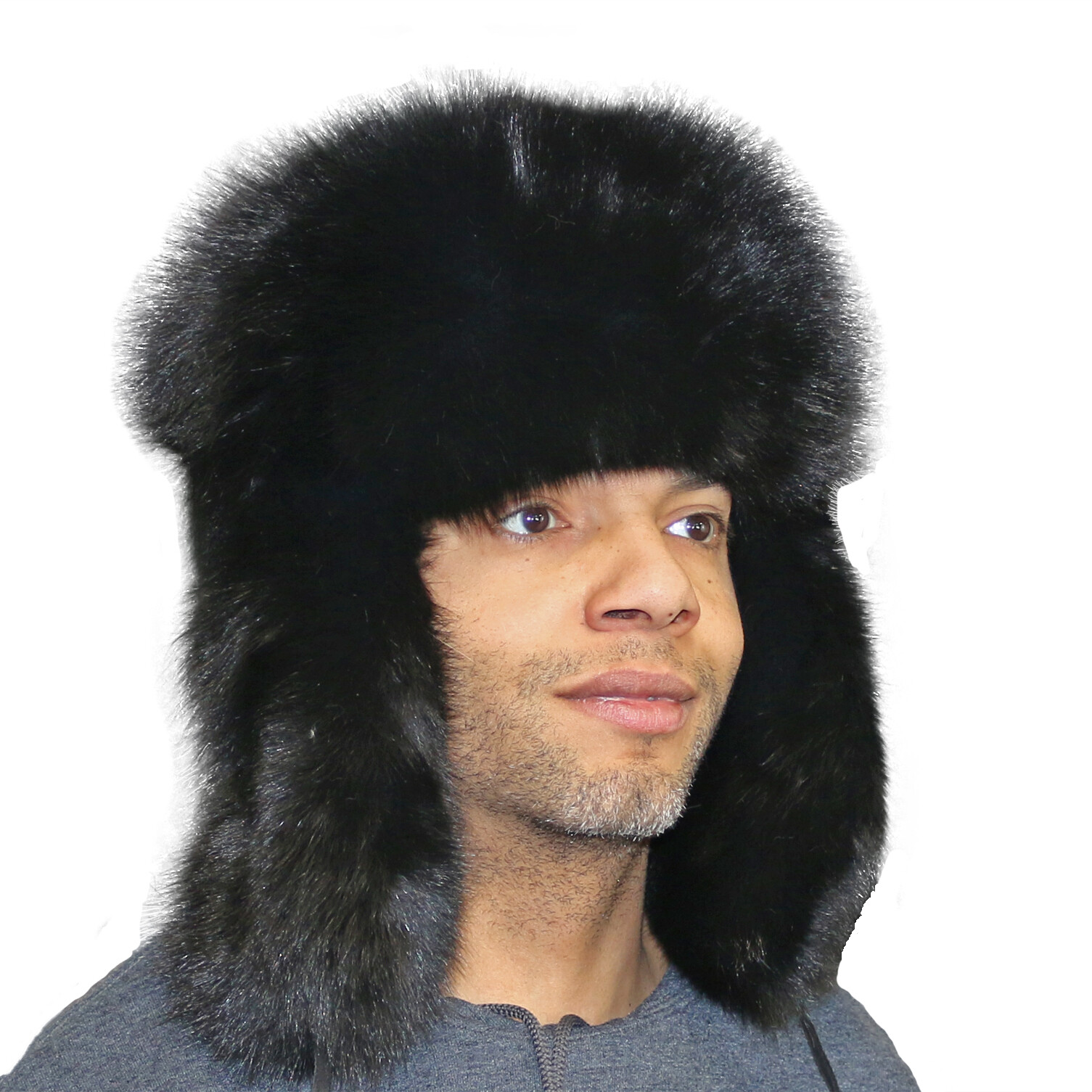 Glacier Wear Black Dyed Blue Fox Fur Russian Trooper Hat hts1071