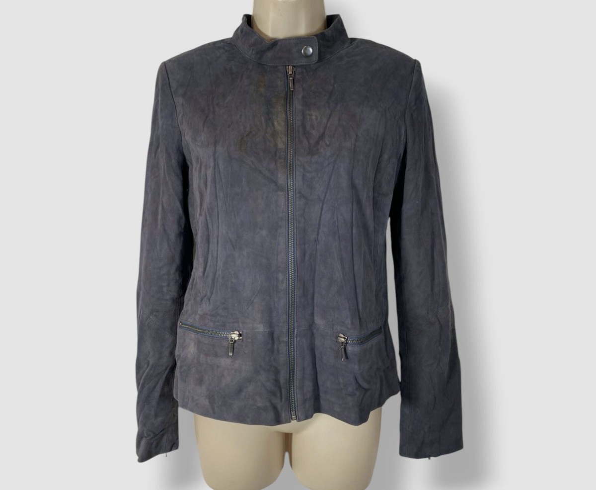 Neiman Marcus Women's Blue Goat Suede Zip-Front Moto Jacket Size S