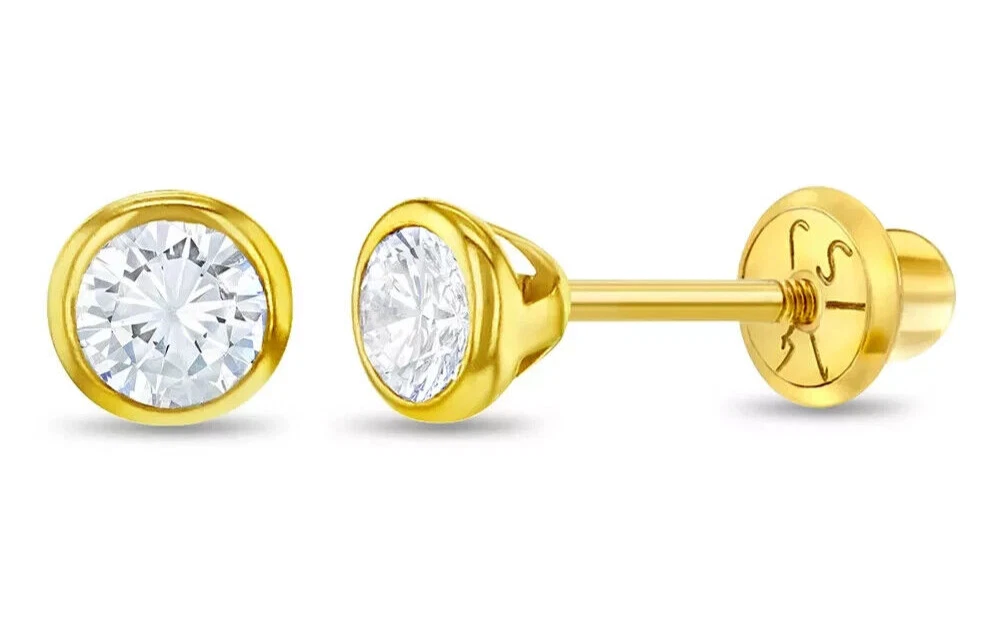 Genuine Diamond Stud Screw Back Earrings - 14k Yellow or White Gold in Gift  Box