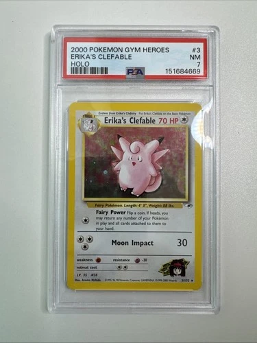 Pokémon TCG Erika's Clefable Gym Heroes Holo Card 3/132 Unlimited Rare, PSA 7