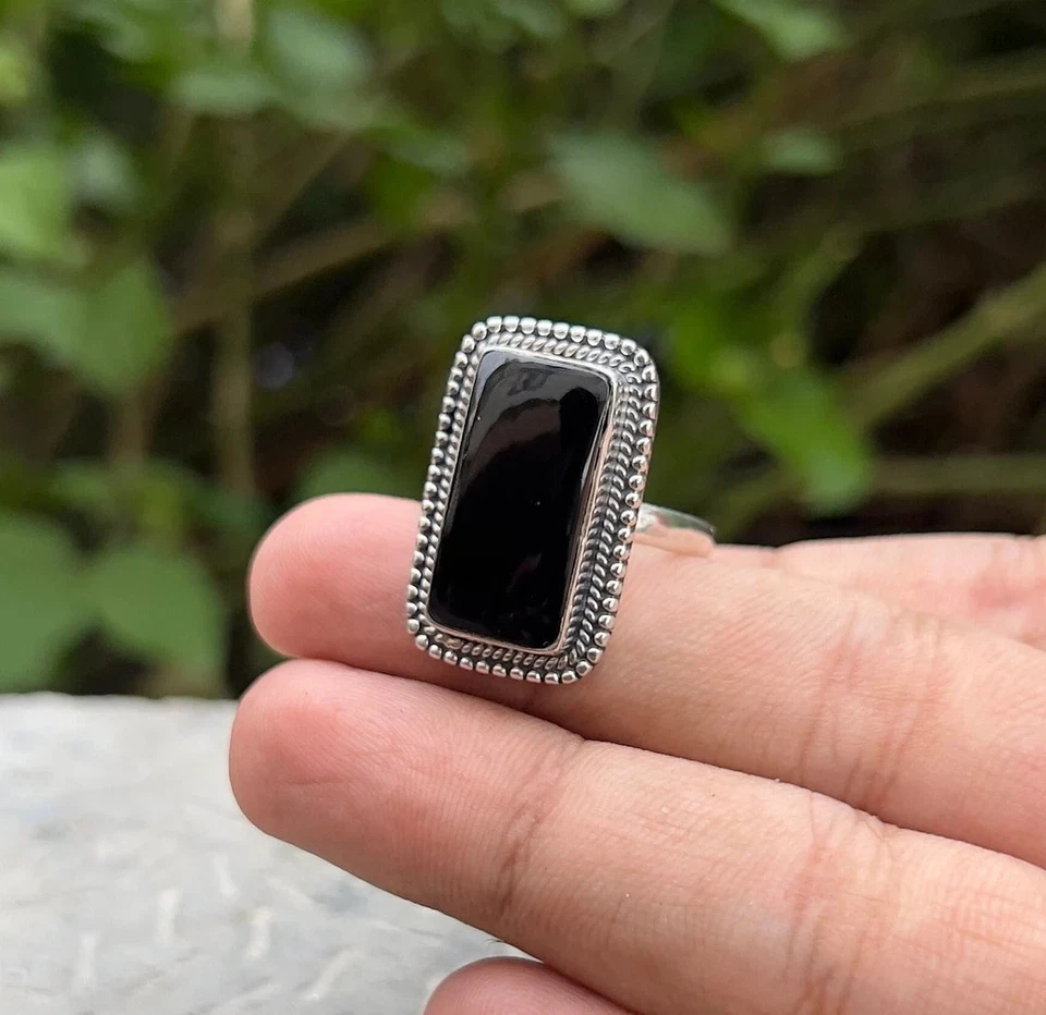 Onice Nera Anello 925 Argento Sterling - Anniversario Regalo per Lei,Boho Strass - Immagine 2 di 4