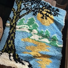 Vtg Landscape Tree Lake Blue Latch Hook Rug Wall Hanging Complete Kit 32x24 READ