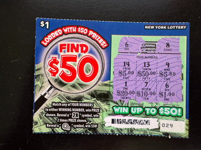 Lucky NY scratch-off lottery, cash out, no value, empty, won $1, FIND $50.