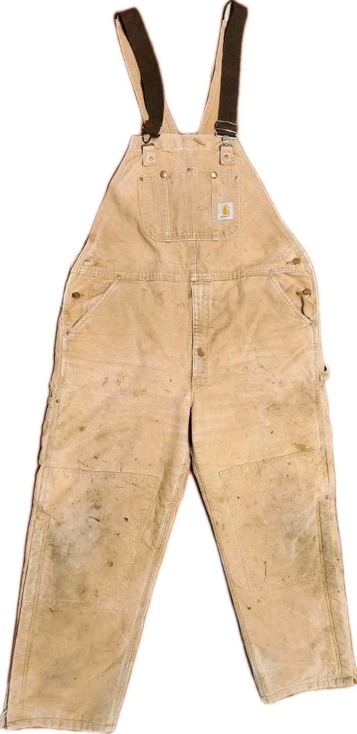CARHARTT Overalls Mens Size 44x30 Biege R02 Bibs Duck Canvas Double Knee Vintage