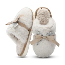 Cute Women's Memory Foam House Slippers- Fuzzy Plush Cozy Shoes with Bow