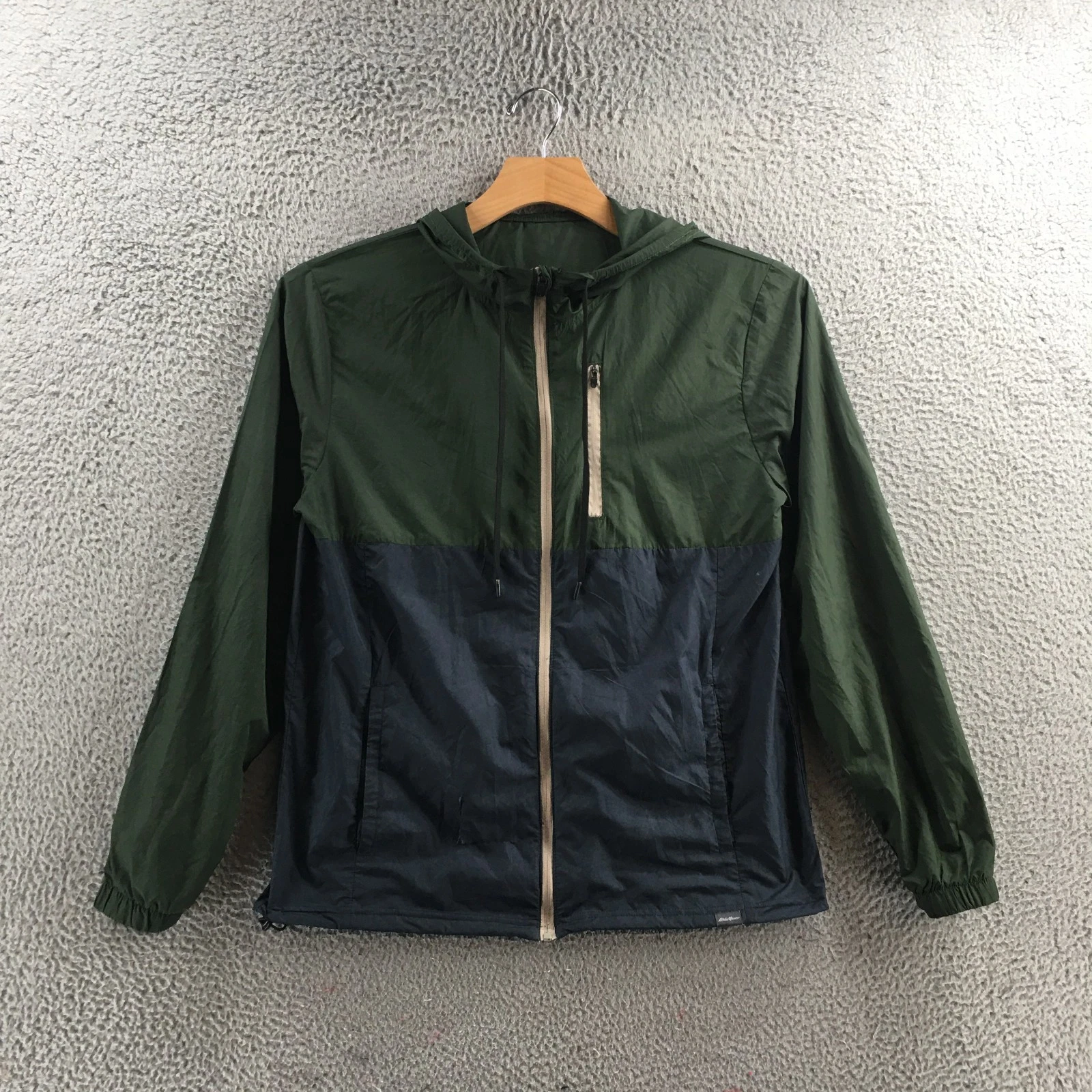 Eddie Bauer Zip Up Windbreaker Jacket Mens 10/21 Green Blue Hoodie Zipped Pocket