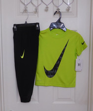 NWT 2pc Nike White Green Black Gray Swoosh Logo Shirt  Black Joggers sz 4 4t