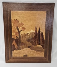Vtg Marquetry Wood Inlay Mountain Landscape Scene 15.5” X 12” Wall HangingSigned