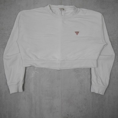 Guess Sweatshirt Damen M Weiß Cropped Triangle Logo Vintage Streetwear