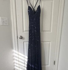 Navy Blue Sequin Lace Up Strappy Long Formal Gown with Side Slit, V-Neck, M