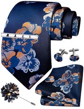 Tie Set for Men Necktie and Pocket Square,Tie Clip,Cufflinks, Navy Blue Floral