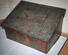Hammered Copper & Wood SLIPPER BOX w/ Opening Lid 38*28cm Antique 1890-1915s