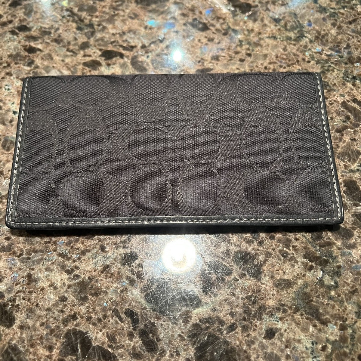 Coach Checkbook Cover Black Satin Signature Jacquard Blue interior