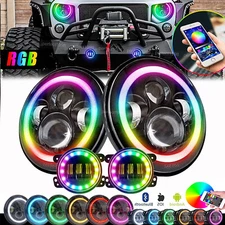 RGB Color 7'' LED Halo Headlights Fog Light Chasing Kit for Jeep Wrangler JK JKU