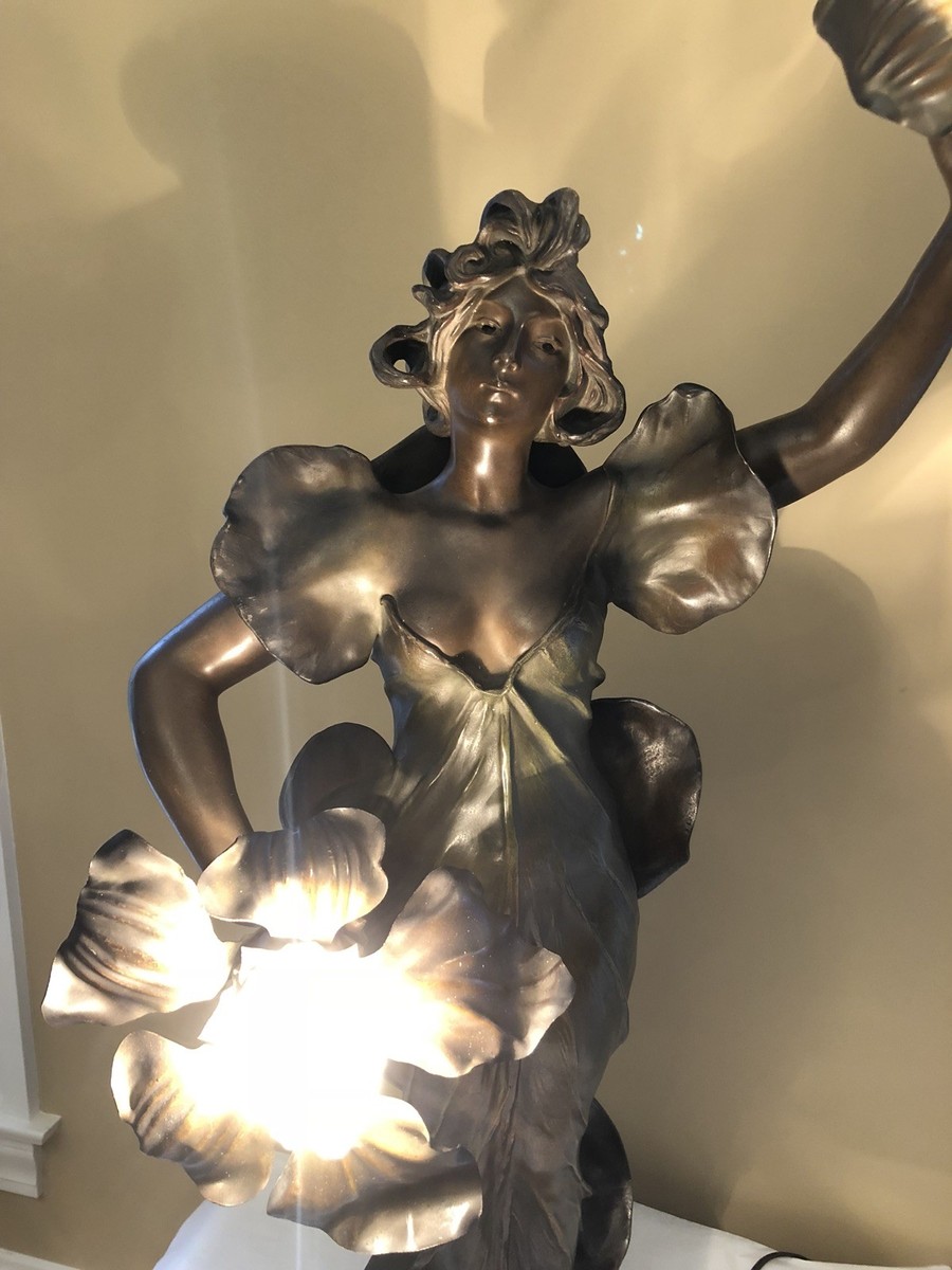 Antique Art Nouveau Patinated Bronze French Figural Spelter Newel