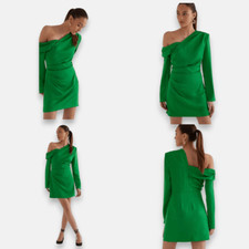 Misha Cormac One Shoulder Satin Island Green Mini Dress Size Medium EU 38