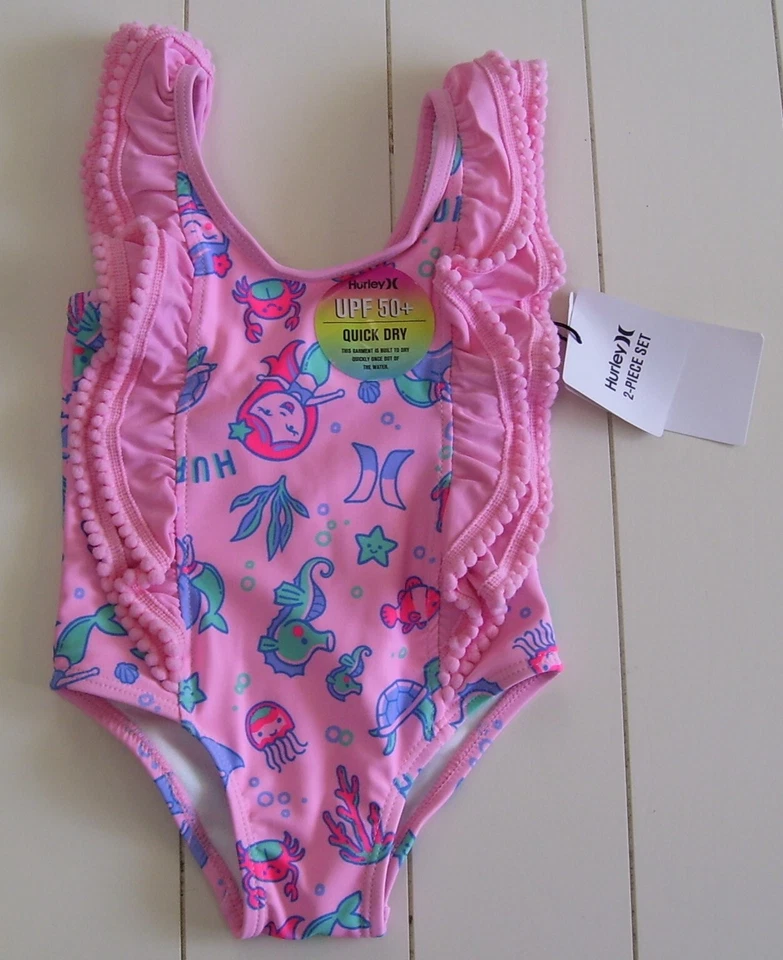 Niñas Hurley Rosa 1 Pieza Completamente Forrado Sirena Traje de Baño y Diadema con Lazo 12M Foto 2 de 4