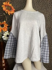 🦋DOE & RAE🦋Heather Grey/Navy Plaid Long Bell Sleeve Cotton Top NWT | MEDIUM |