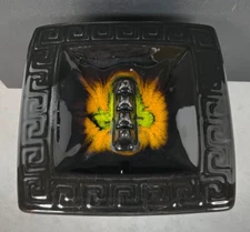 Vintage Mid-Century Aztec Design Orange & Green Swirl Art Pottery Table Ashtray